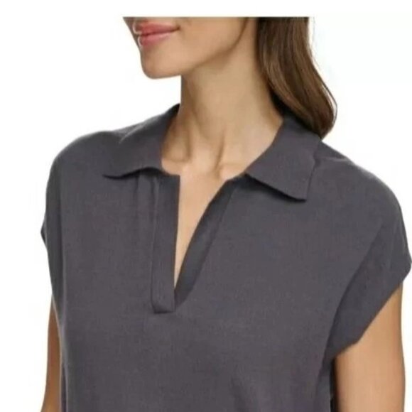 DKNY Women's Modern Fit Sleeveless Collared V-Neck Sweater Dark Gray - Picture 2 of 13